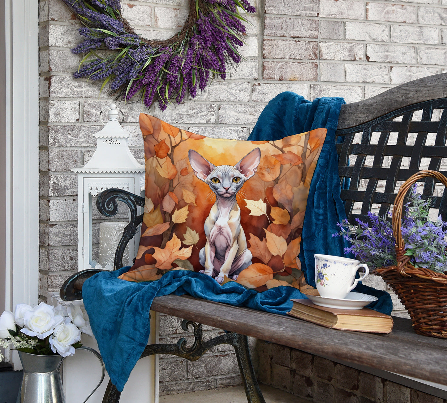 Minskin Cat in Fall Leaves Throw Pillow