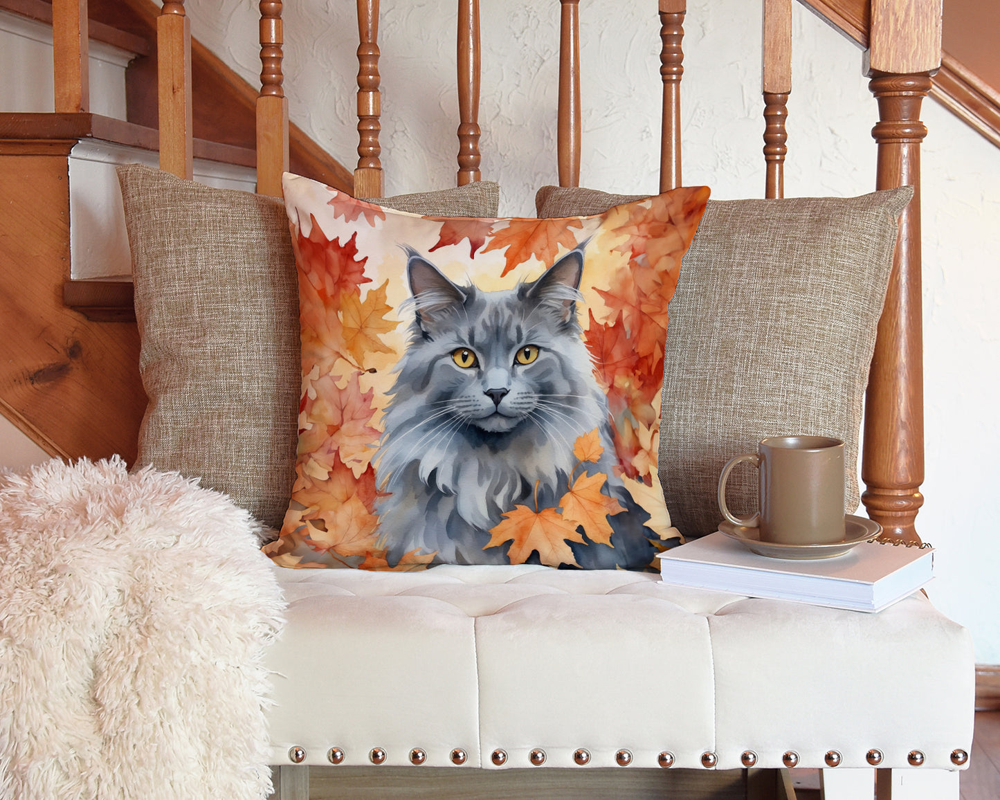 Nebelung Cat in Fall Leaves Throw Pillow