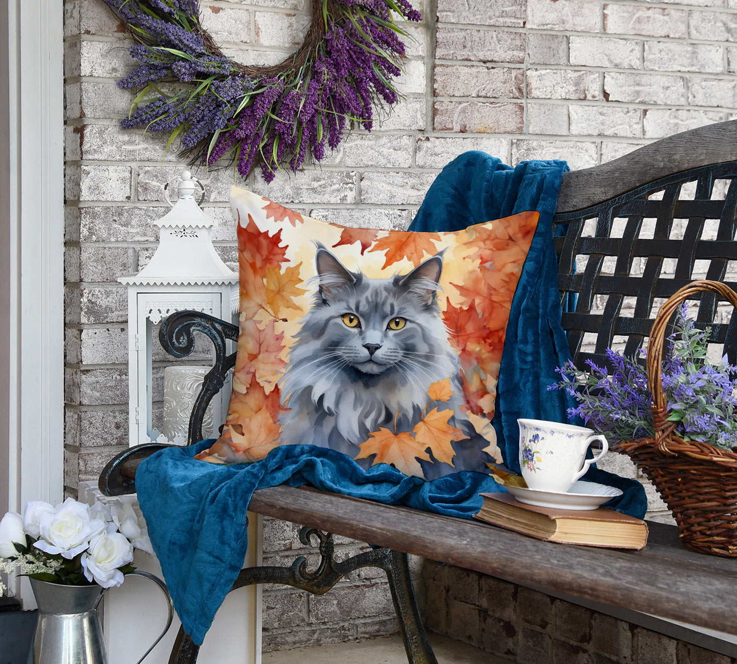 Nebelung Cat in Fall Leaves Throw Pillow