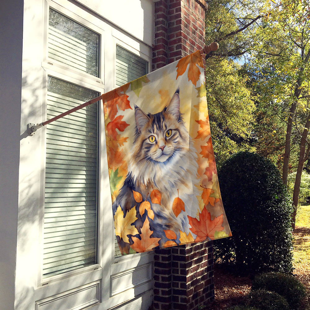 Norwegian Forest Cat in Fall Leaves House Flag