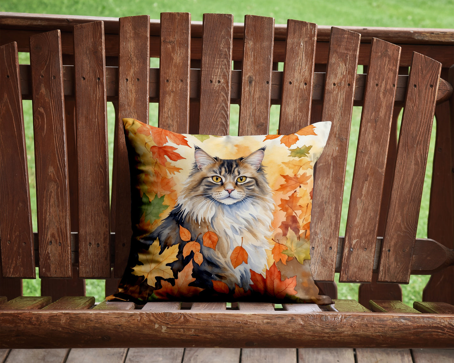 Norwegian Forest Cat in Fall Leaves Throw Pillow