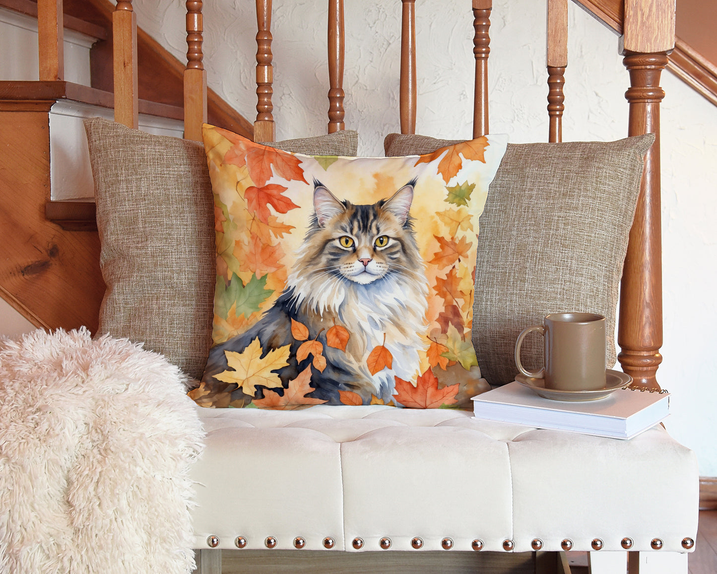 Norwegian Forest Cat in Fall Leaves Throw Pillow