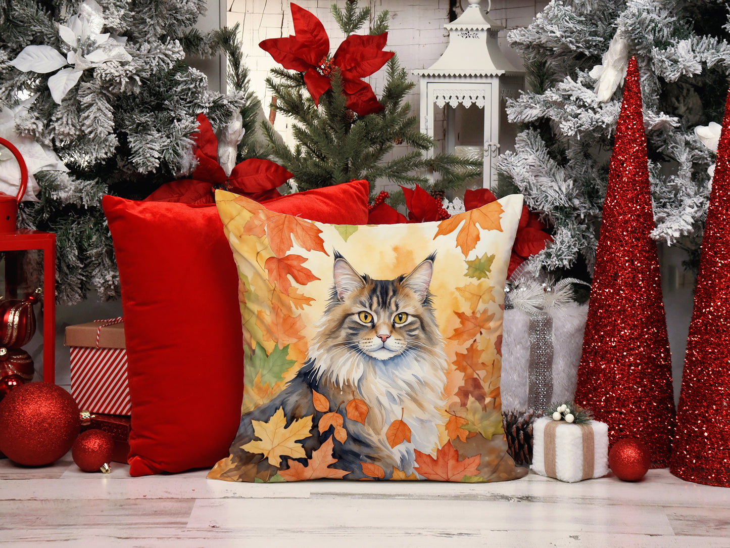 Norwegian Forest Cat in Fall Leaves Throw Pillow