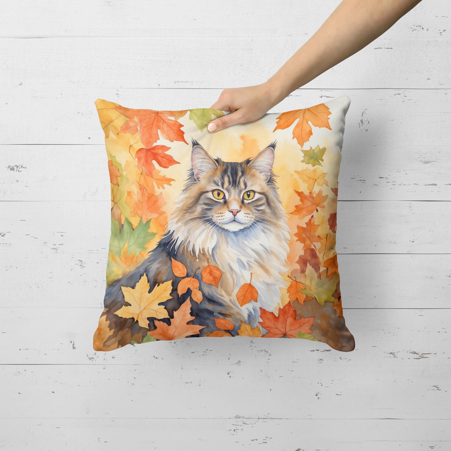 Norwegian Forest Cat in Fall Leaves Throw Pillow