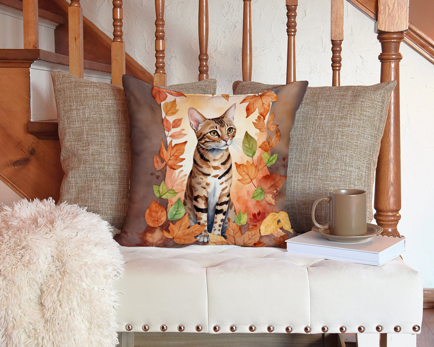 Ocicat Cat in Fall Leaves Throw Pillow