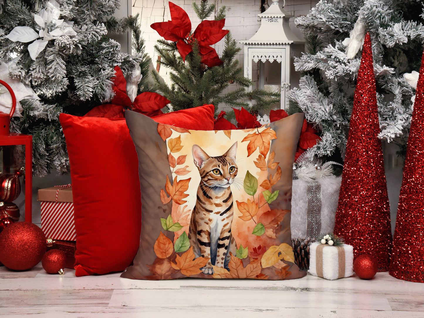 Ocicat Cat in Fall Leaves Throw Pillow