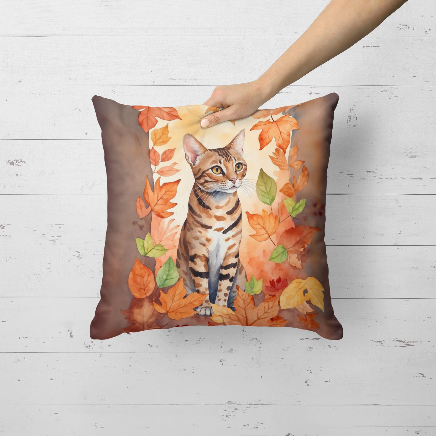 Ocicat Cat in Fall Leaves Throw Pillow