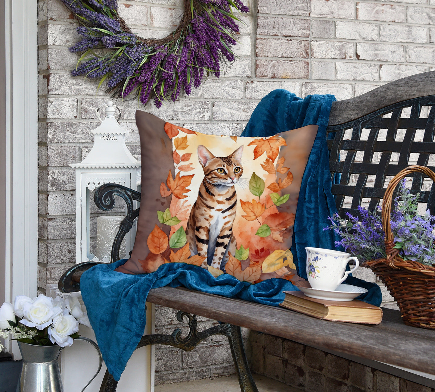 Ocicat Cat in Fall Leaves Throw Pillow