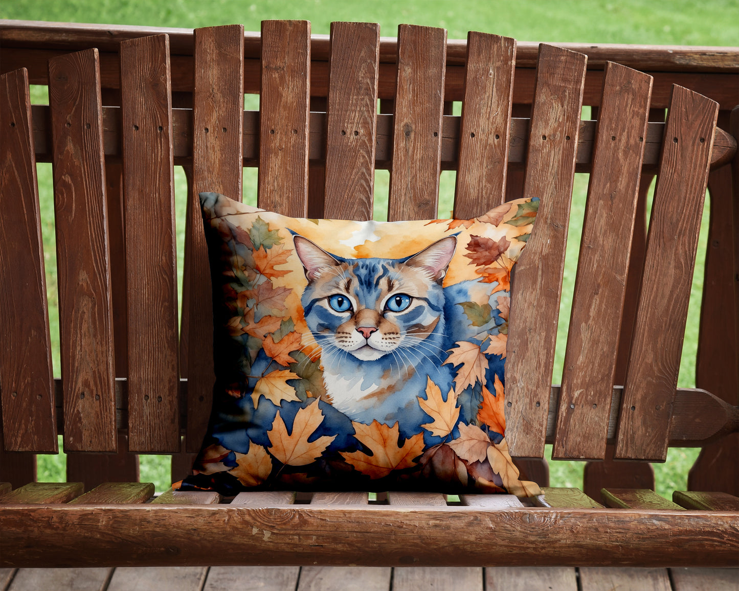 Ojos Azules Cat in Fall Leaves Throw Pillow