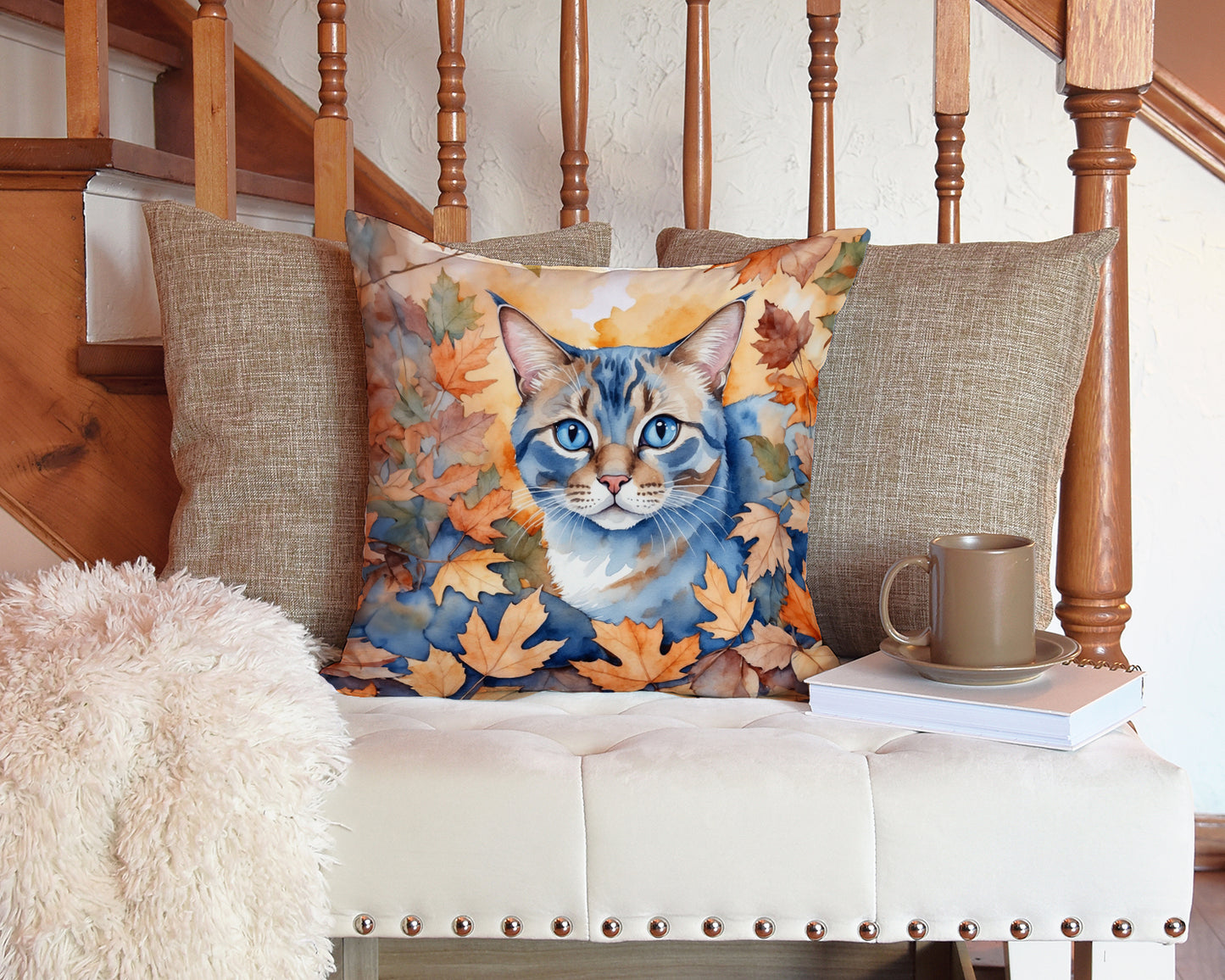 Ojos Azules Cat in Fall Leaves Throw Pillow