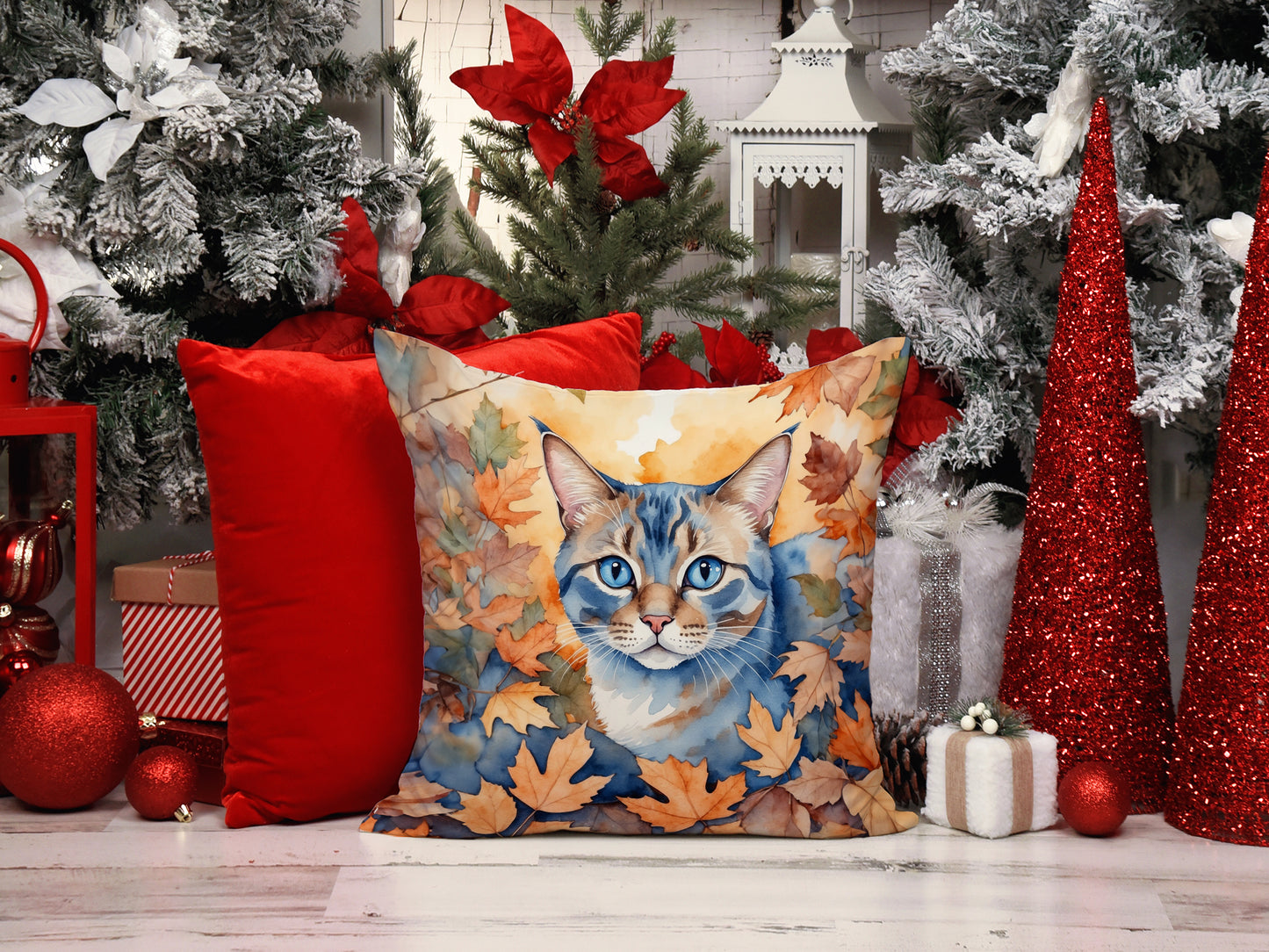 Ojos Azules Cat in Fall Leaves Throw Pillow