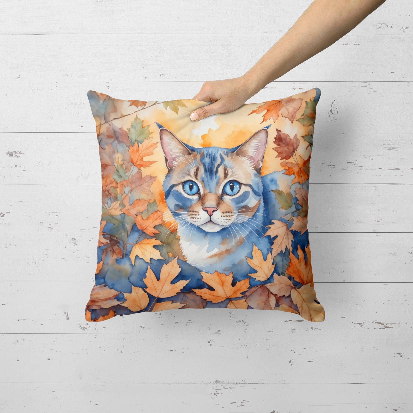 Ojos Azules Cat in Fall Leaves Throw Pillow