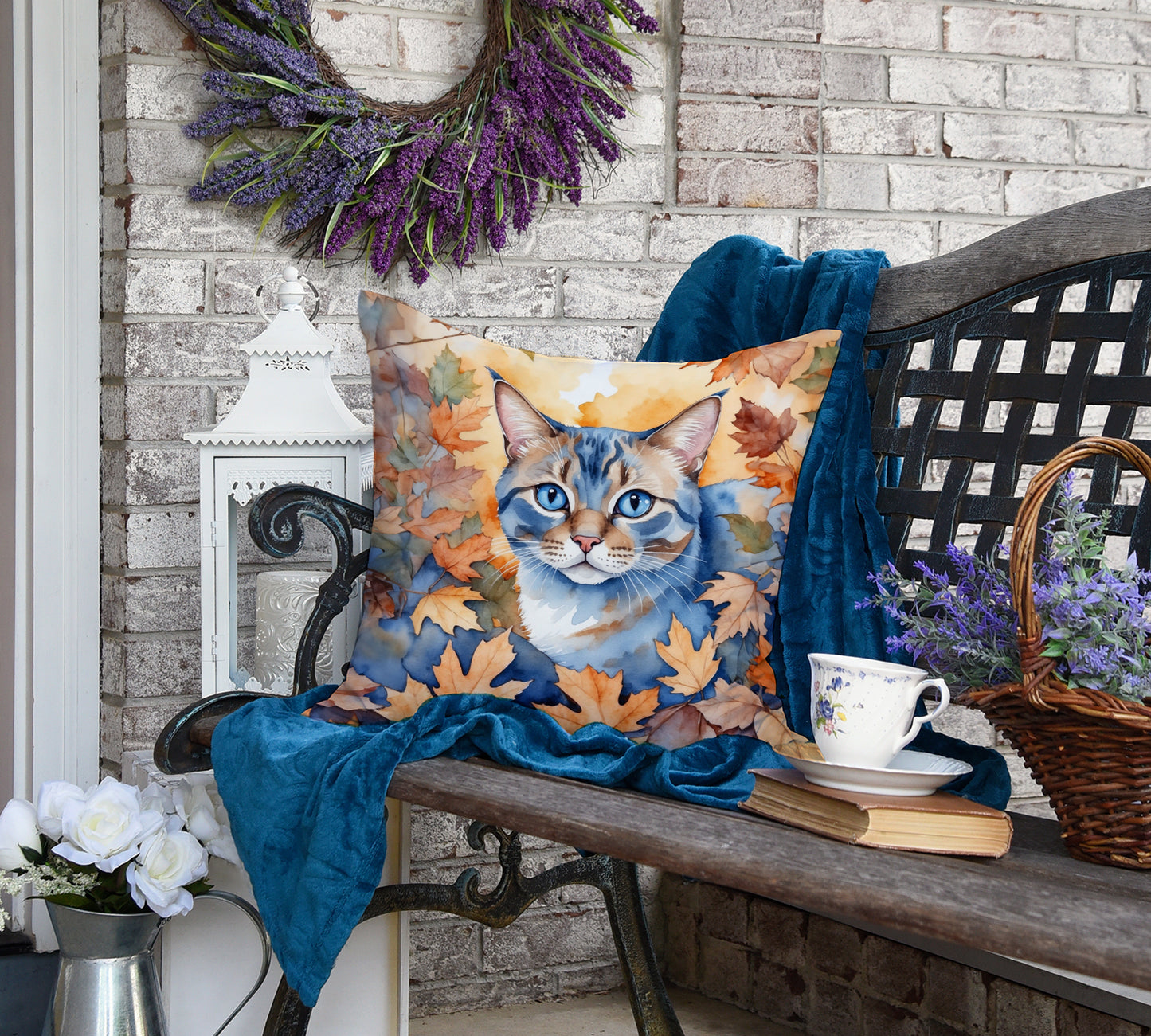 Ojos Azules Cat in Fall Leaves Throw Pillow