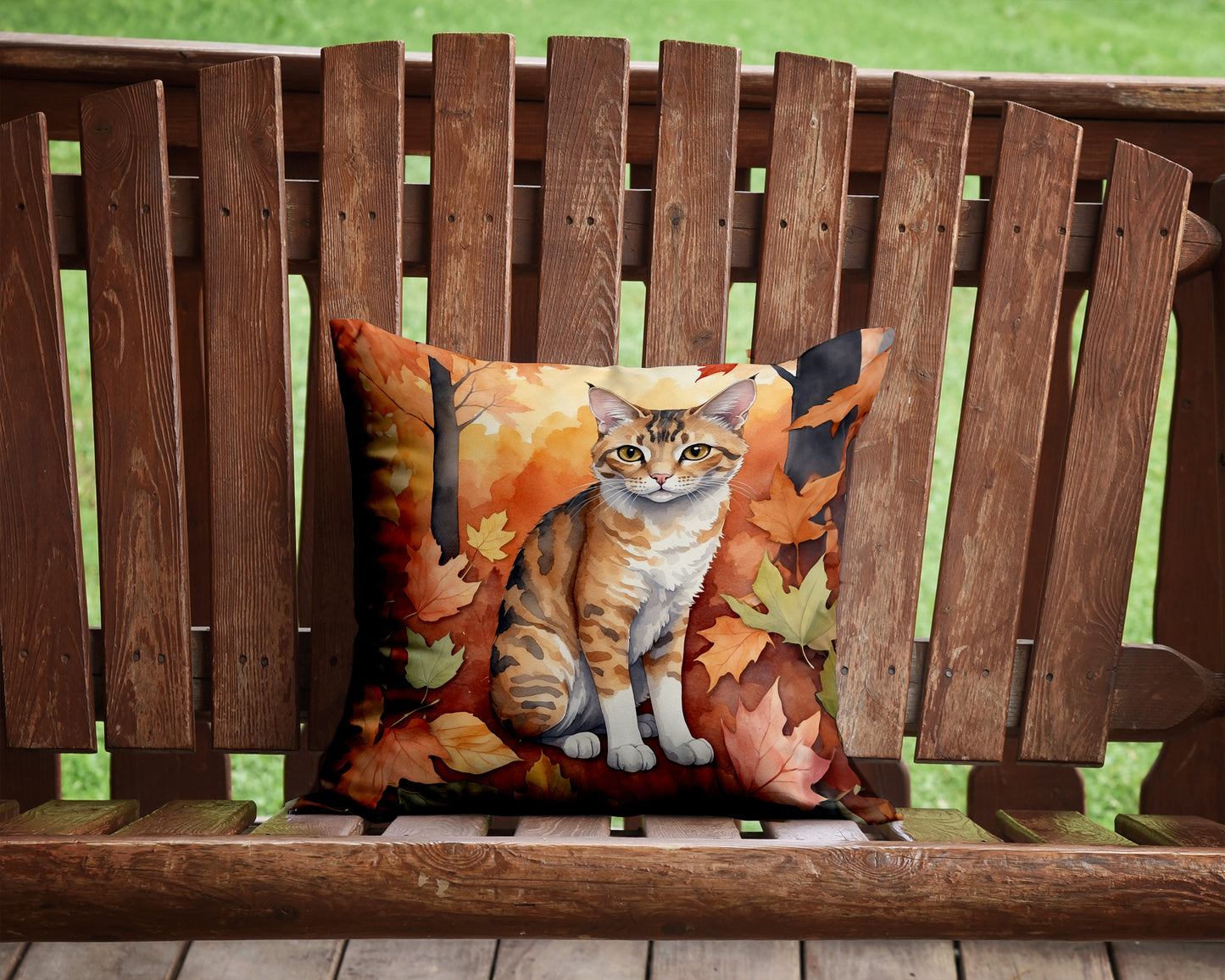 Oregon Rex Cat in Fall Leaves Throw Pillow