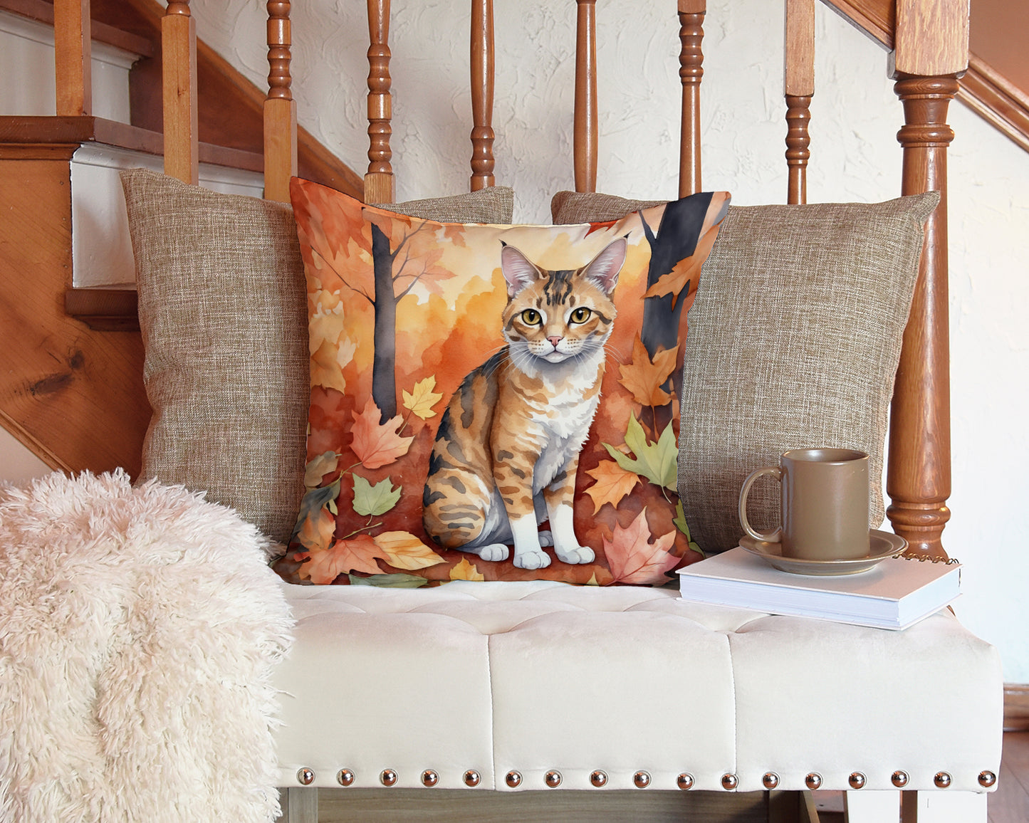 Oregon Rex Cat in Fall Leaves Throw Pillow