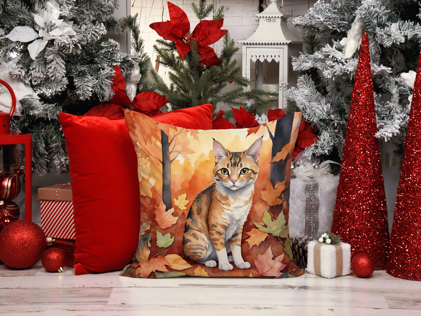 Oregon Rex Cat in Fall Leaves Throw Pillow