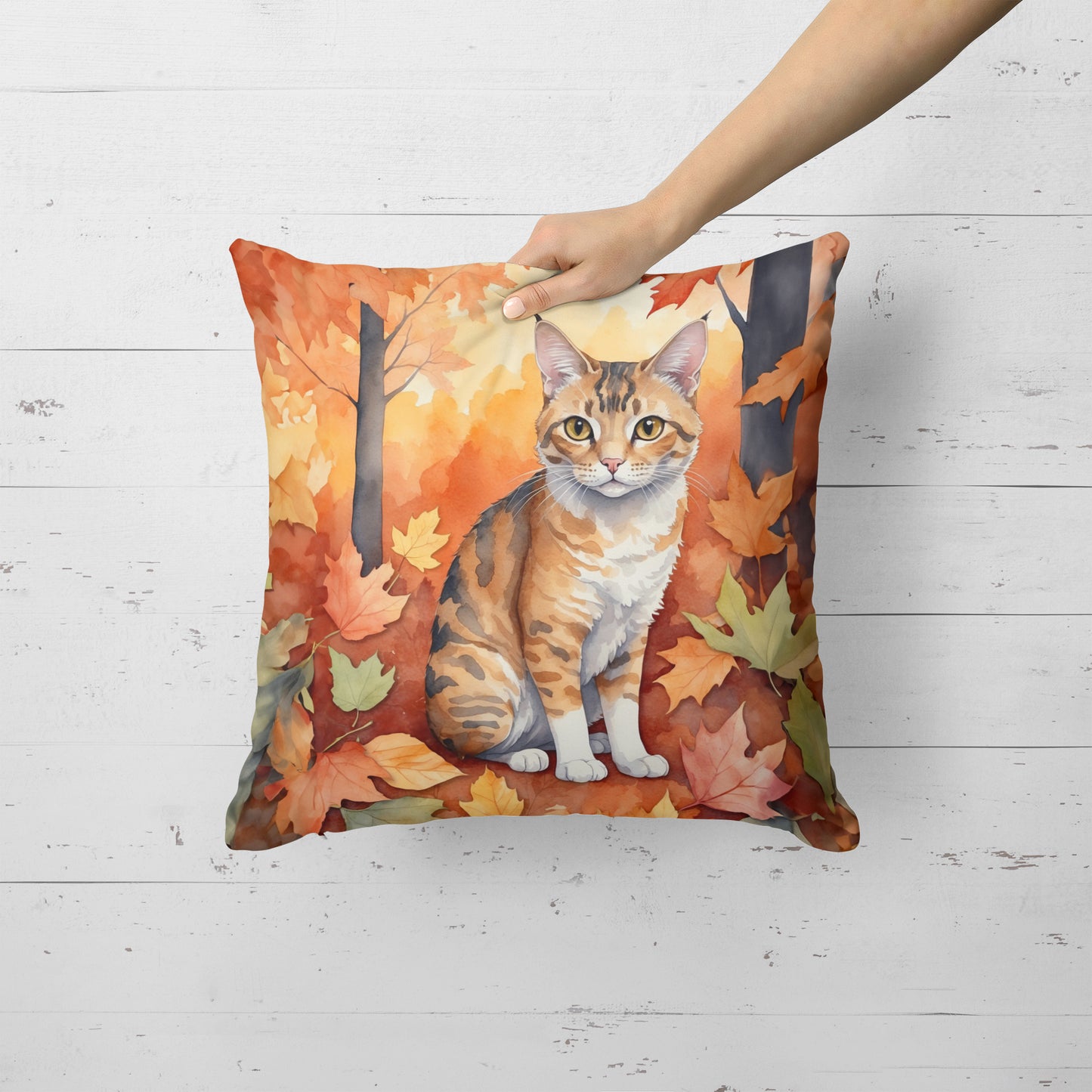 Oregon Rex Cat in Fall Leaves Throw Pillow