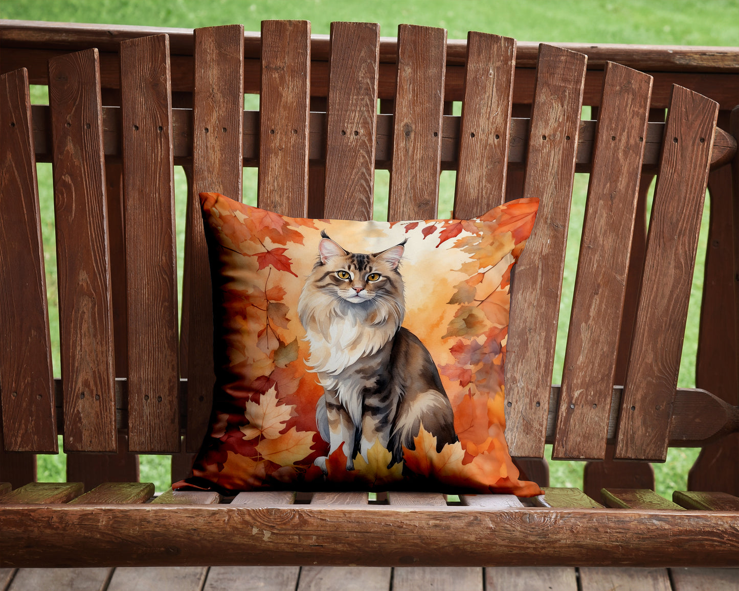 Oriental Longhair Cat in Fall Leaves Throw Pillow