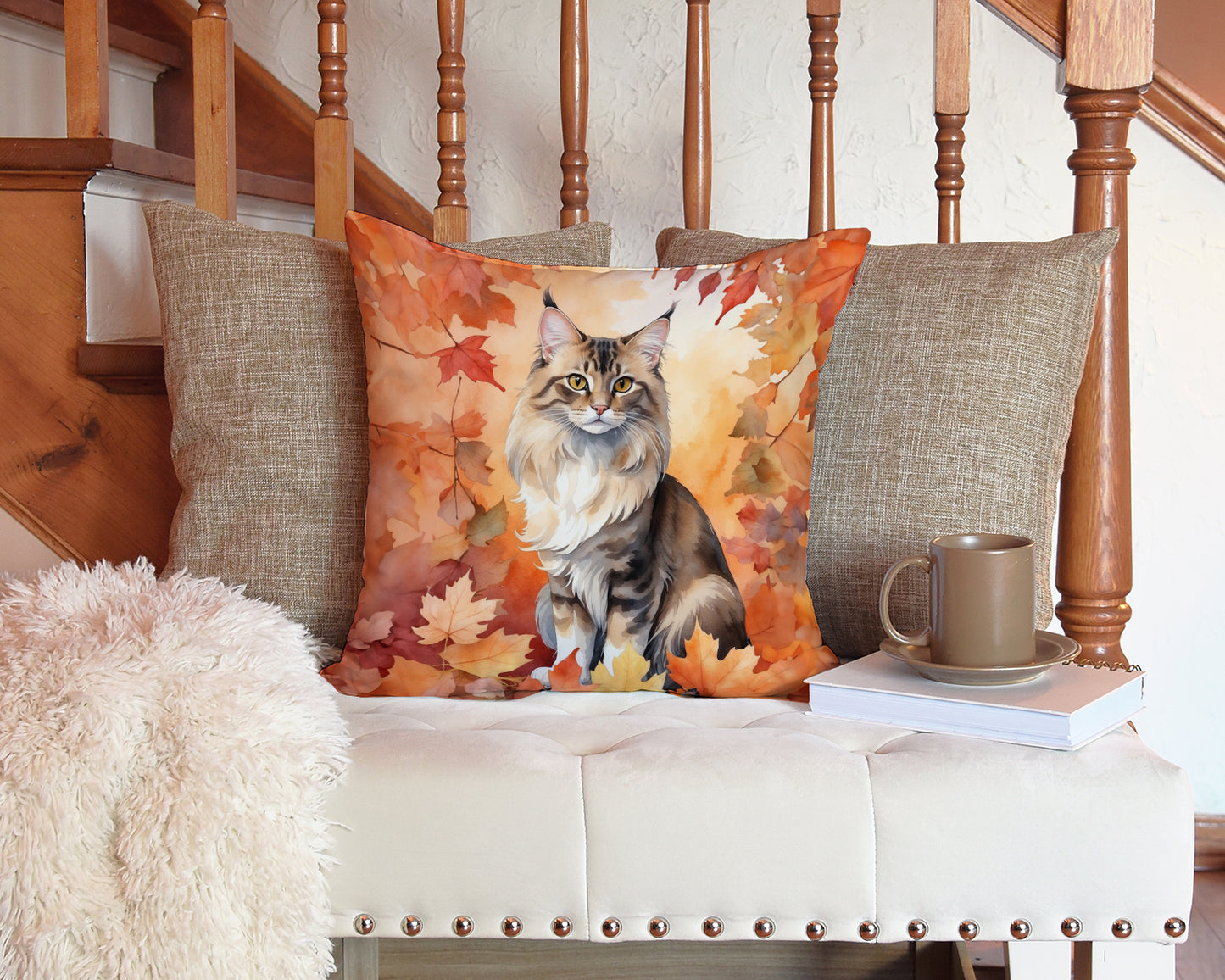 Oriental Longhair Cat in Fall Leaves Throw Pillow