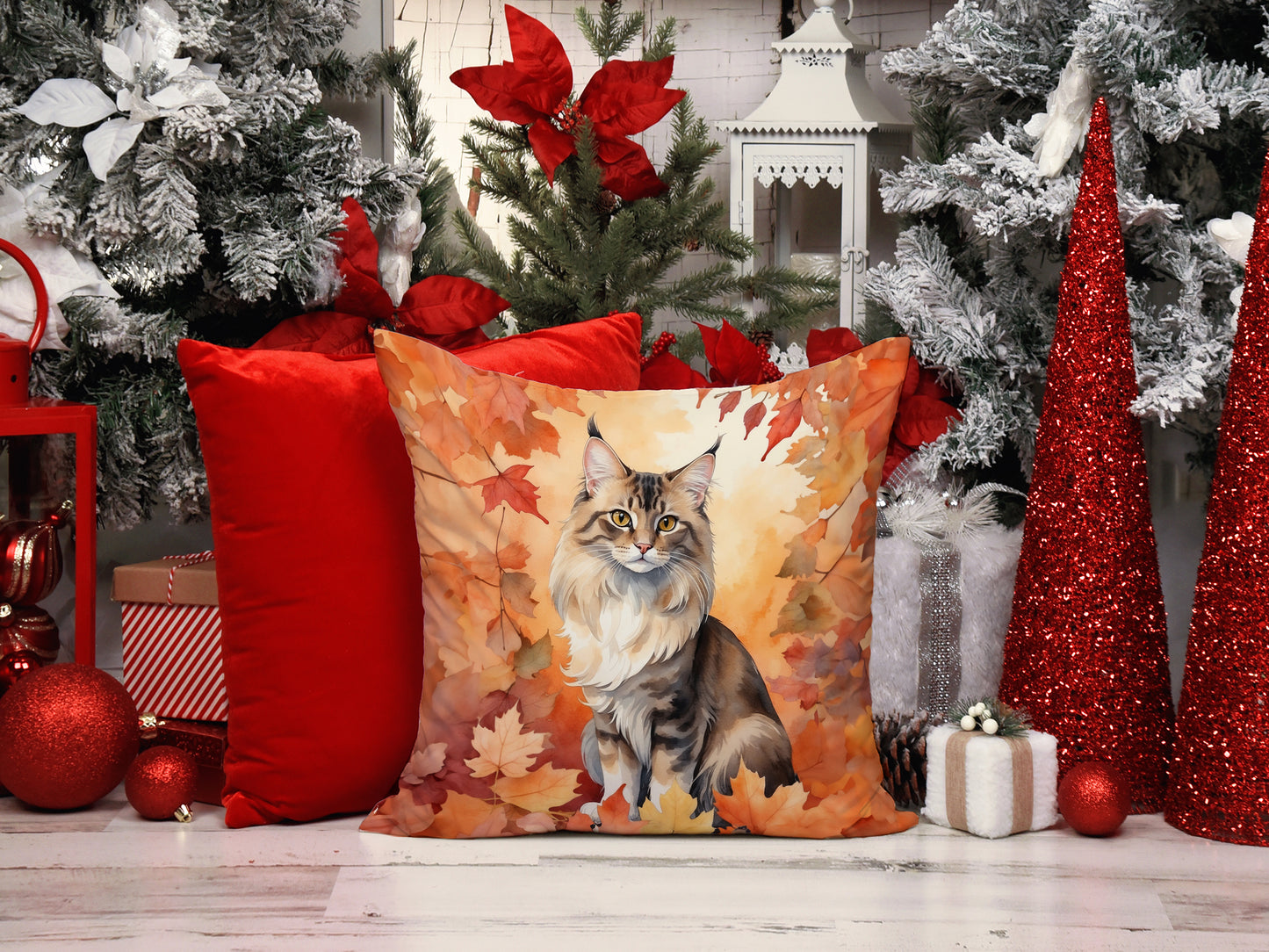 Oriental Longhair Cat in Fall Leaves Throw Pillow