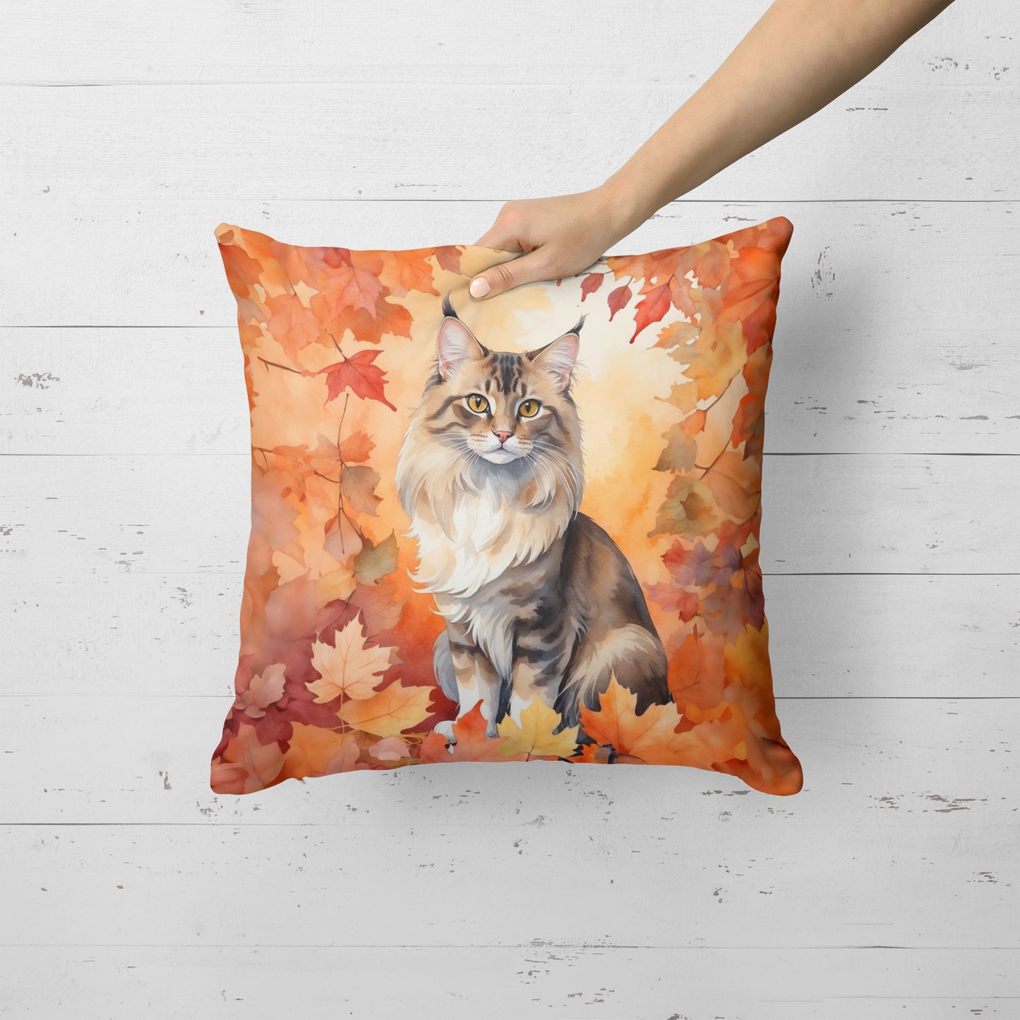 Oriental Longhair Cat in Fall Leaves Throw Pillow