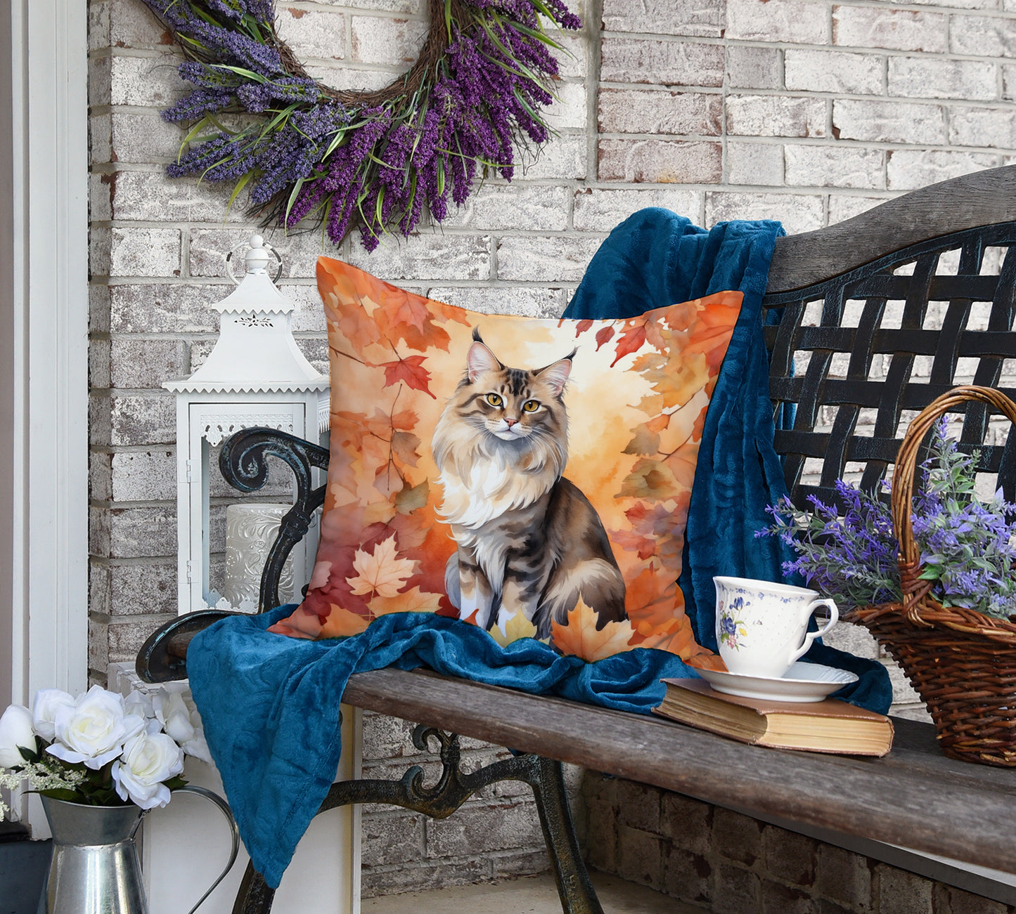 Oriental Longhair Cat in Fall Leaves Throw Pillow