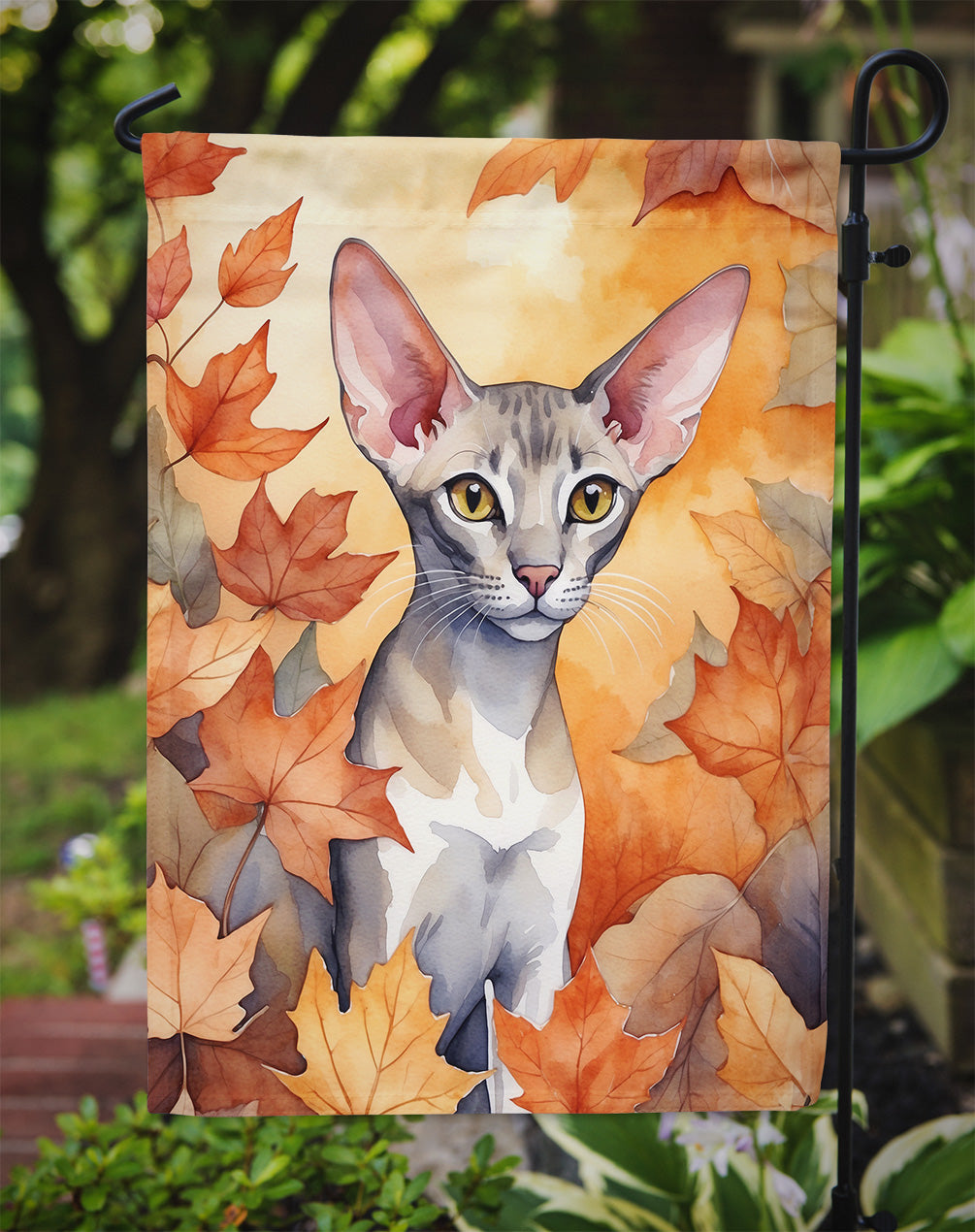 Oriental Shorthair Cat in Fall Leaves Garden Flag