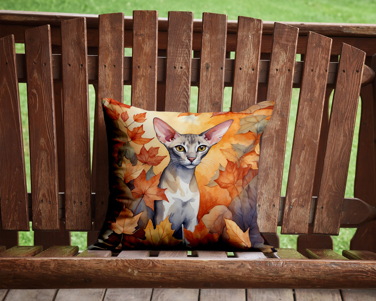 Oriental Shorthair Cat in Fall Leaves Throw Pillow