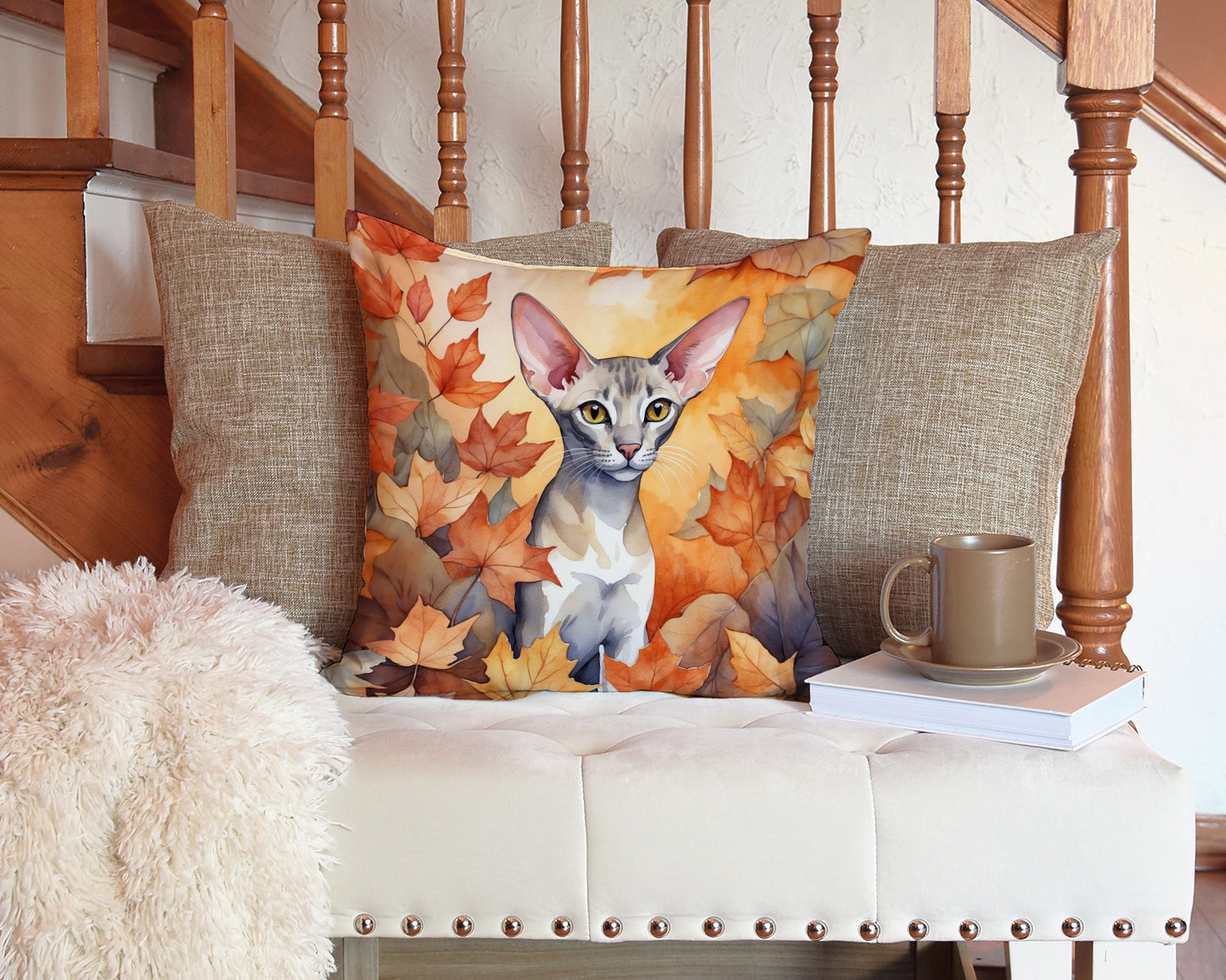 Oriental Shorthair Cat in Fall Leaves Throw Pillow