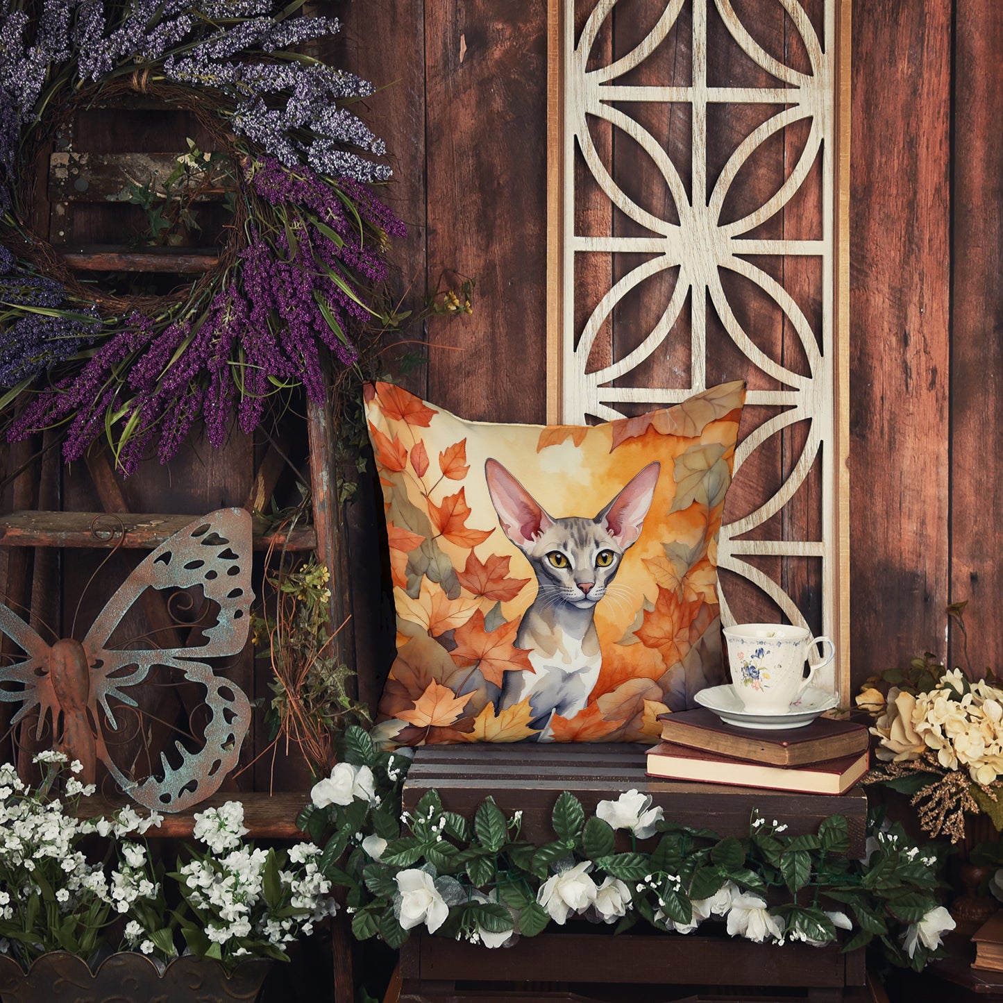 Oriental Shorthair Cat in Fall Leaves Throw Pillow