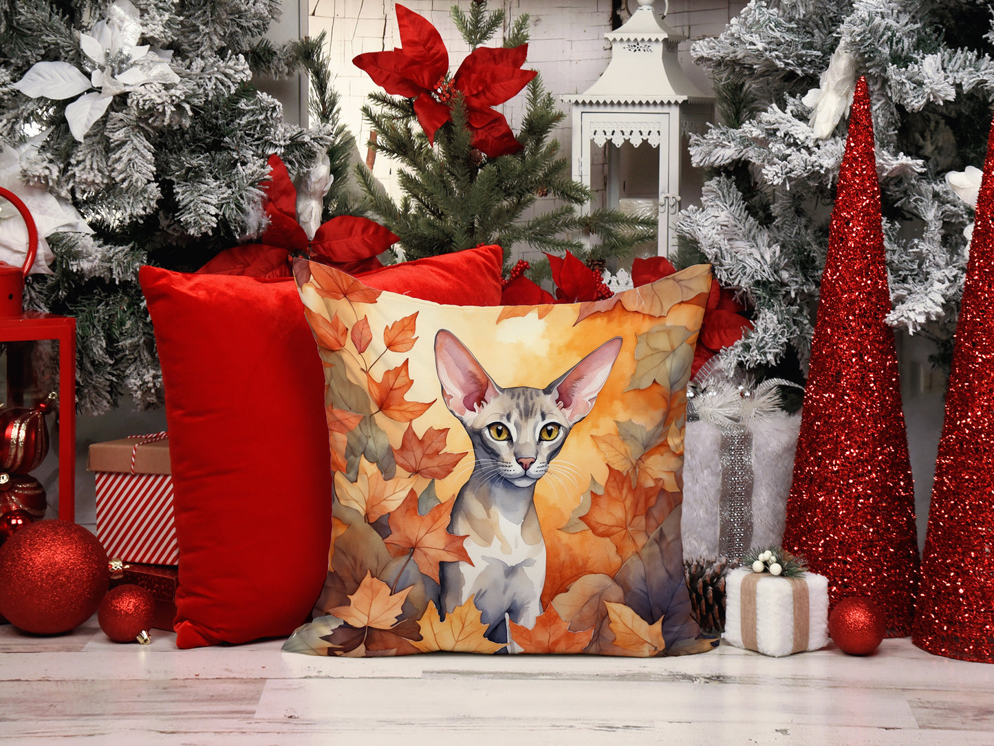 Oriental Shorthair Cat in Fall Leaves Throw Pillow