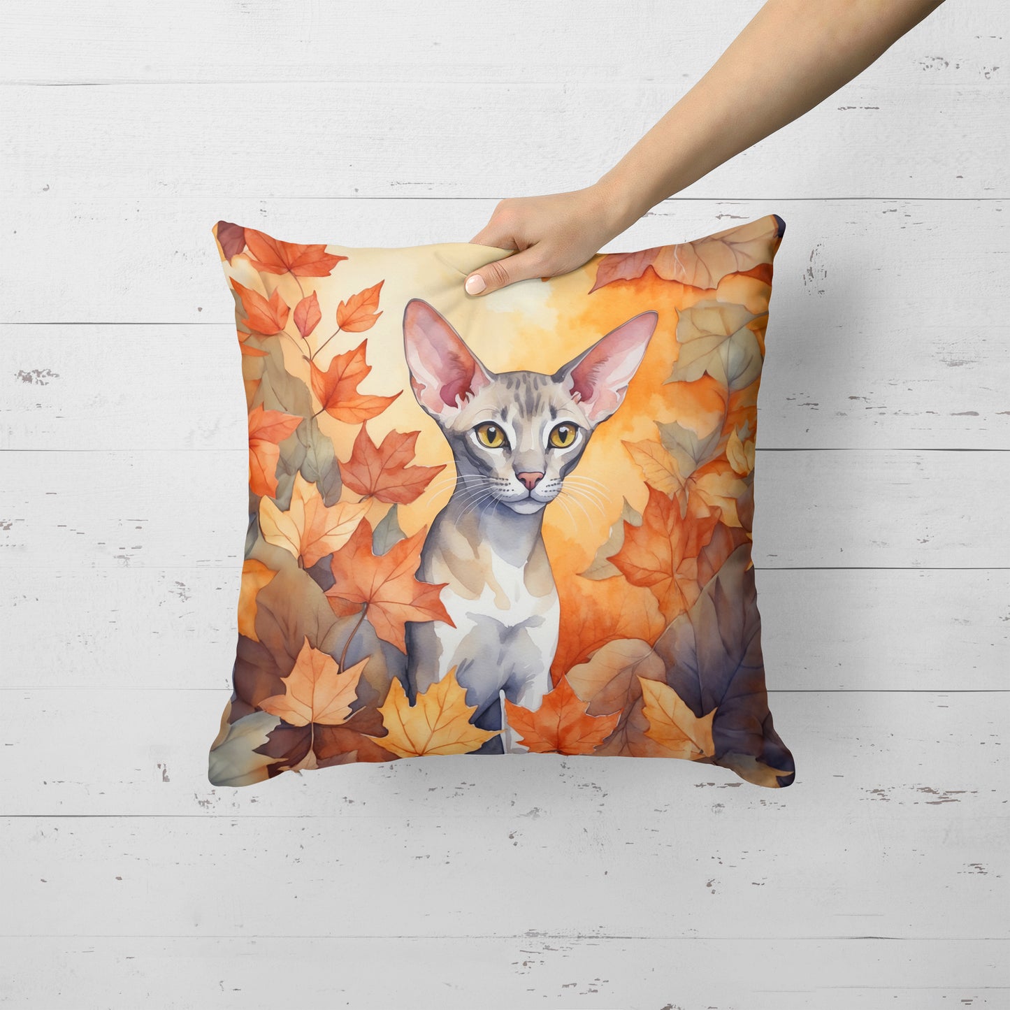 Oriental Shorthair Cat in Fall Leaves Throw Pillow