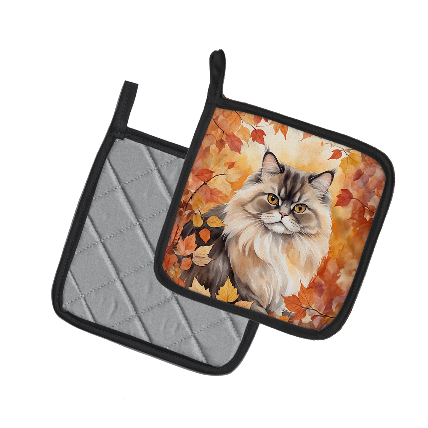 Persian Cat in Fall Leaves Pair of Pot Holders