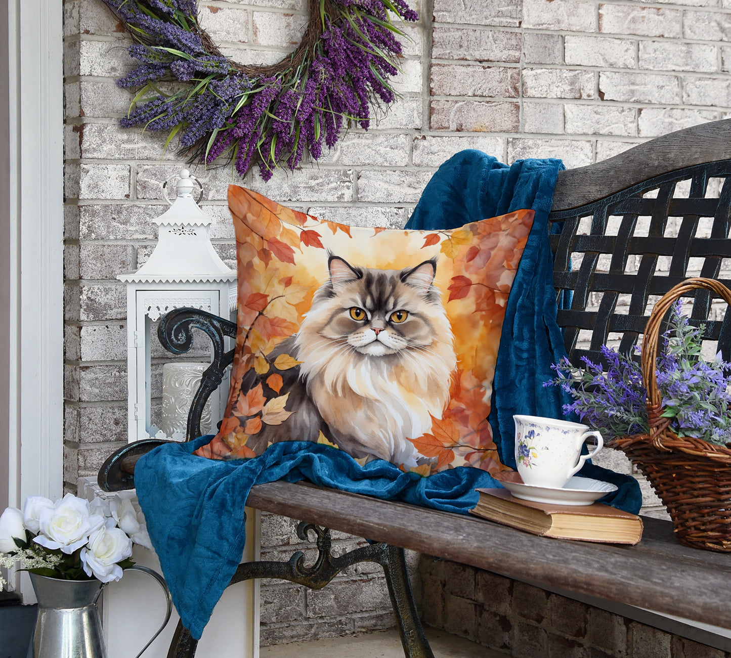 Persian Cat in Fall Leaves Throw Pillow