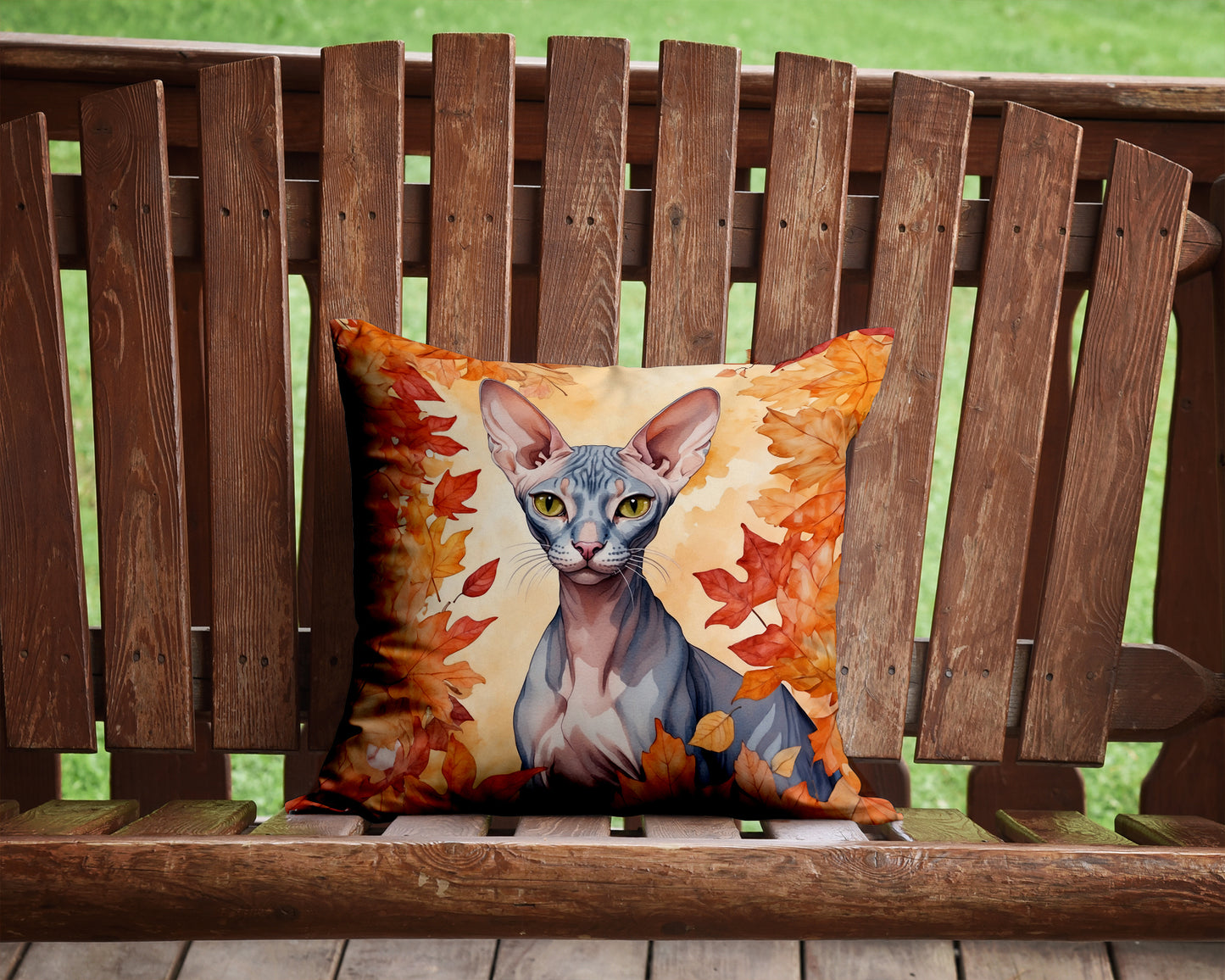 Peterbald Cat in Fall Leaves Throw Pillow