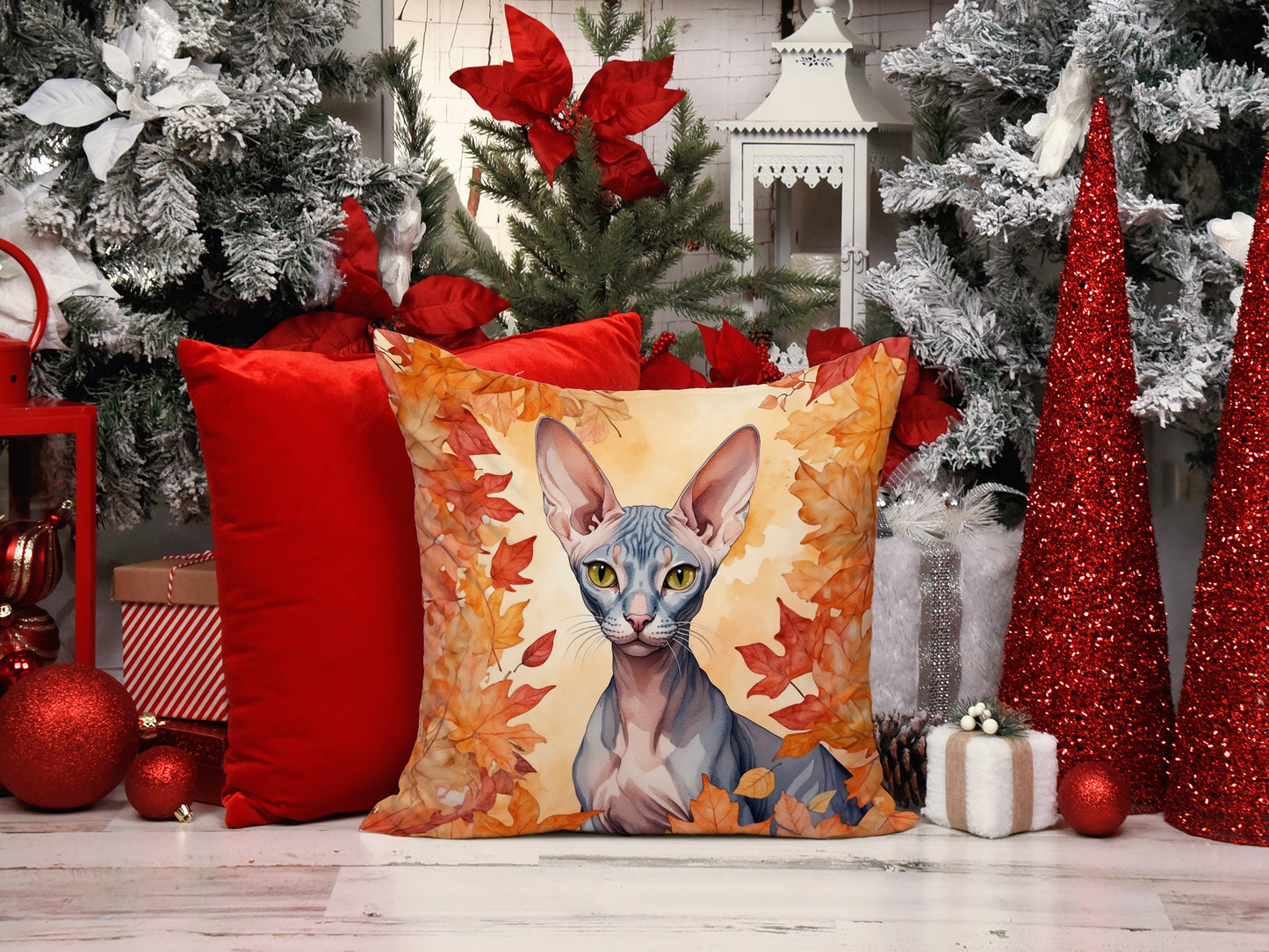 Peterbald Cat in Fall Leaves Throw Pillow