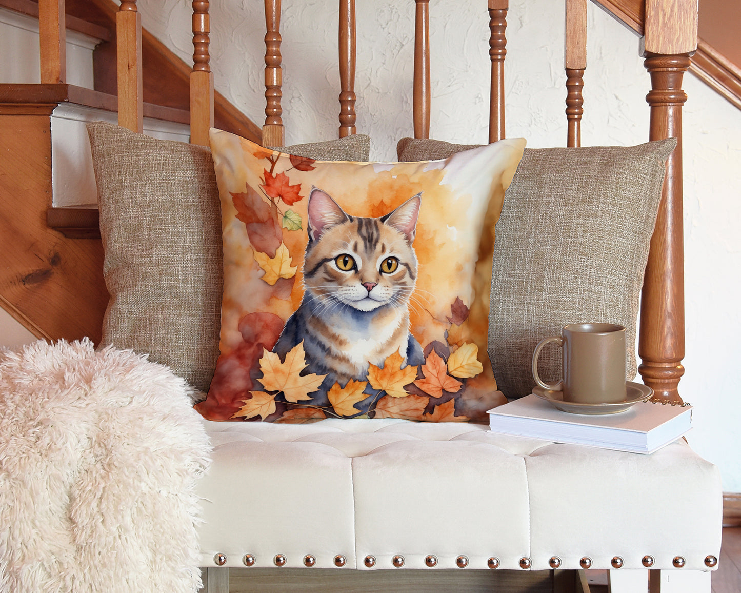 Raas Cat in Fall Leaves Throw Pillow