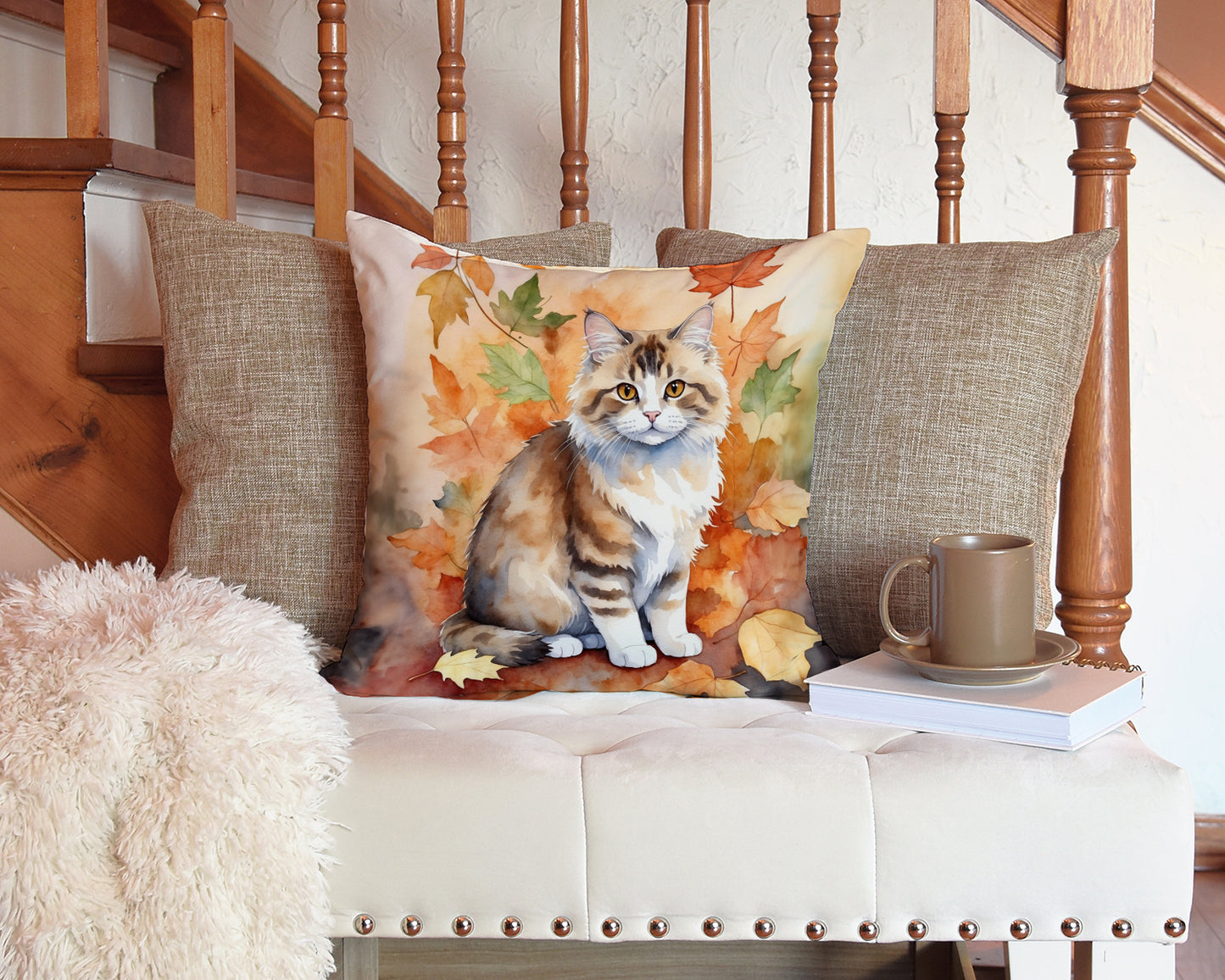 Ragamuffin Cat in Fall Leaves Throw Pillow