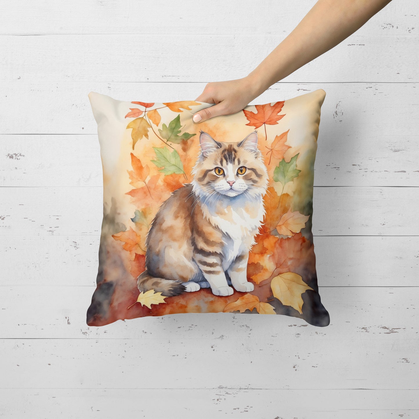 Ragamuffin Cat in Fall Leaves Throw Pillow