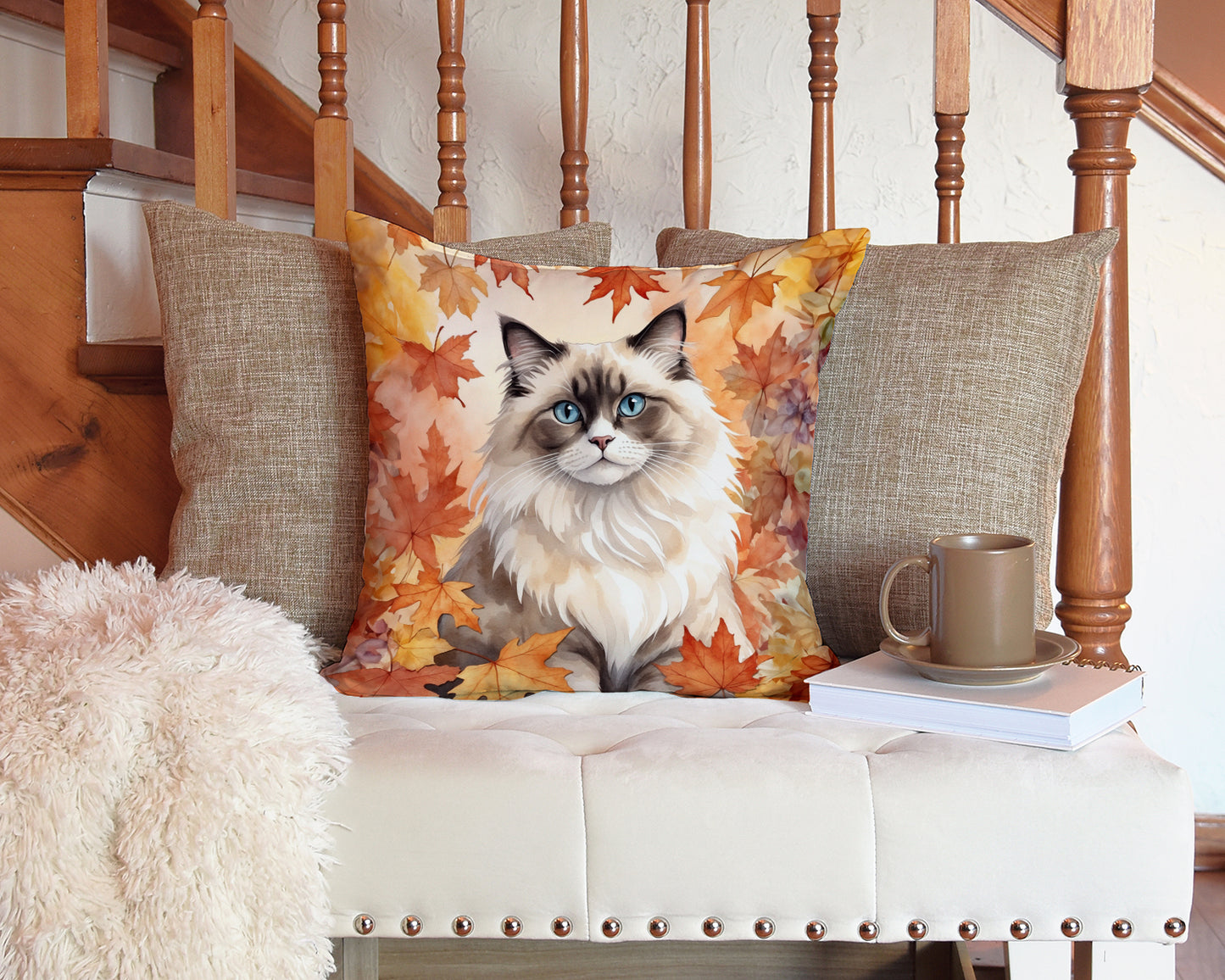 Ragdoll Cat in Fall Leaves Throw Pillow