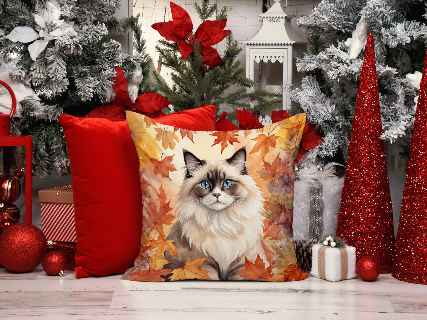 Ragdoll Cat in Fall Leaves Throw Pillow