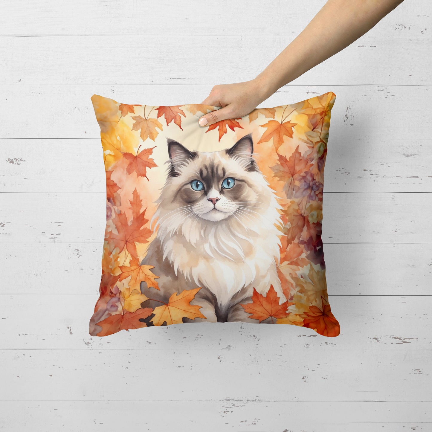 Ragdoll Cat in Fall Leaves Throw Pillow