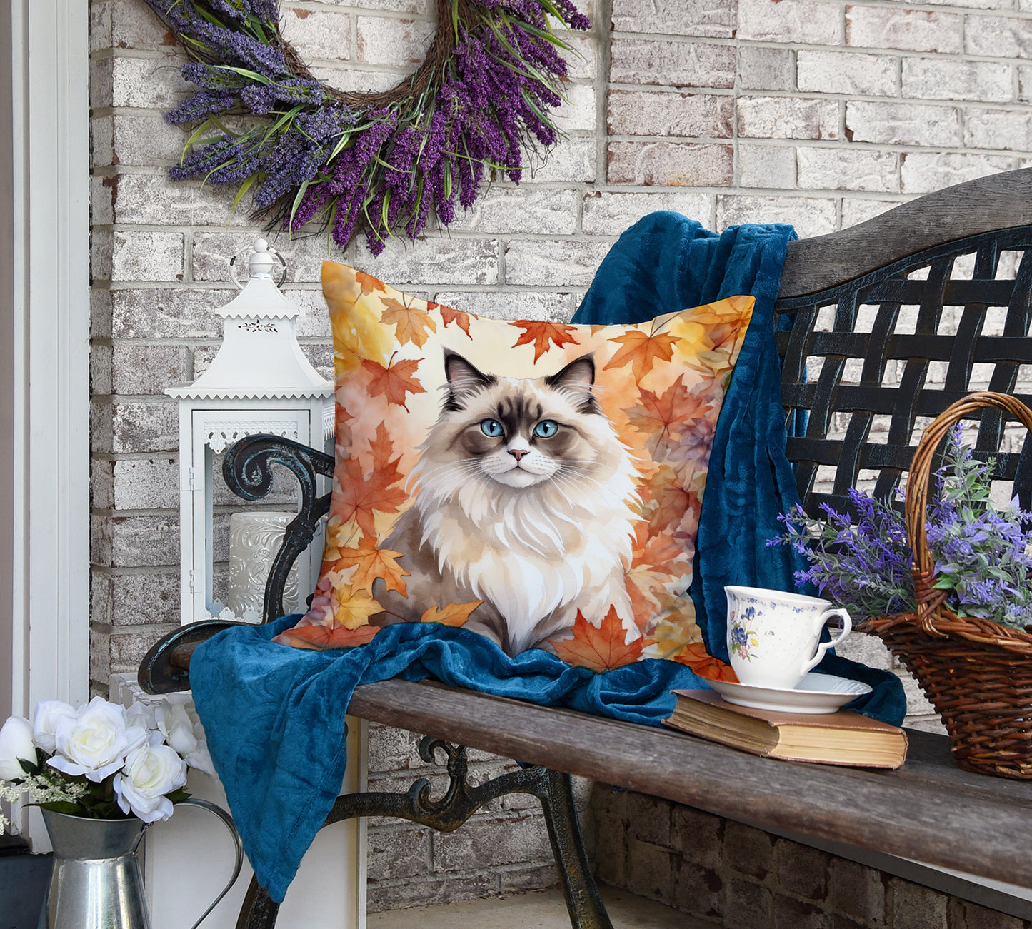 Ragdoll Cat in Fall Leaves Throw Pillow