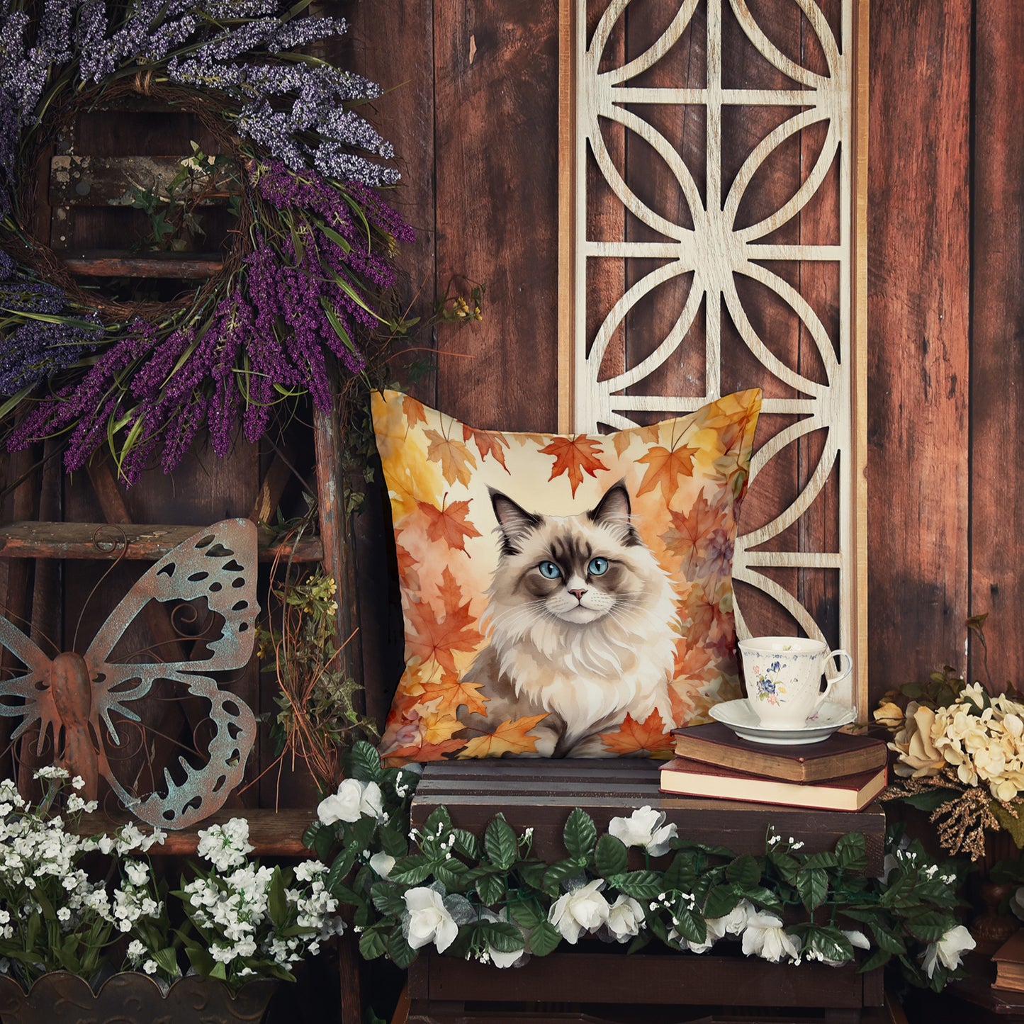 Ragdoll Cat in Fall Leaves Throw Pillow