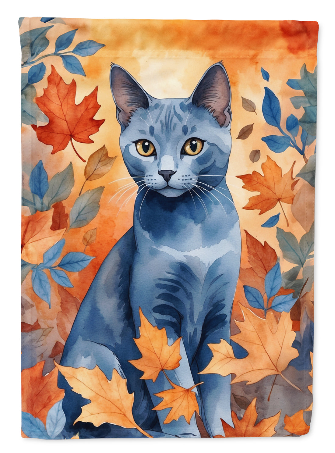 Buy this Russian Blue Cat in Fall Leaves House Flag