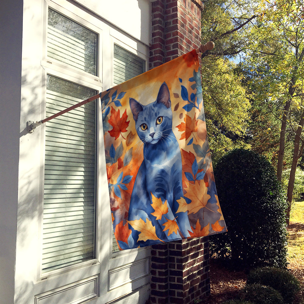 Russian Blue Cat in Fall Leaves House Flag