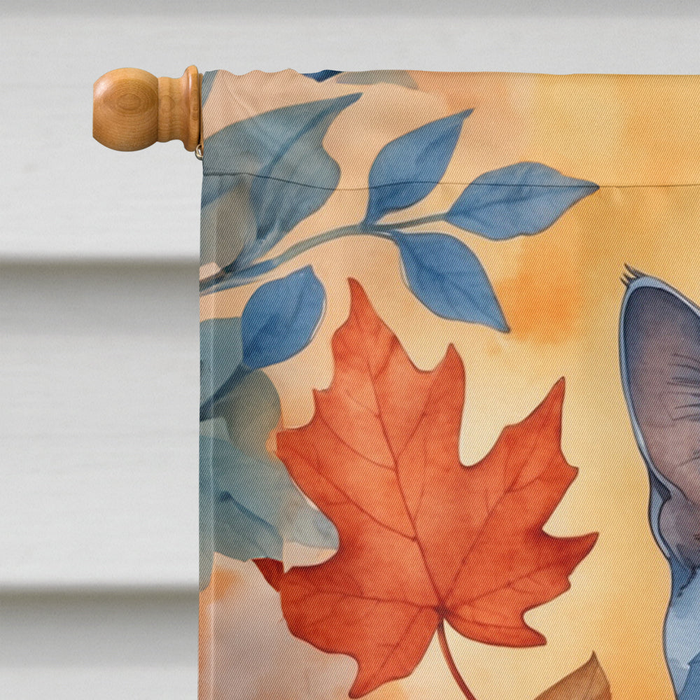 Russian Blue Cat in Fall Leaves House Flag