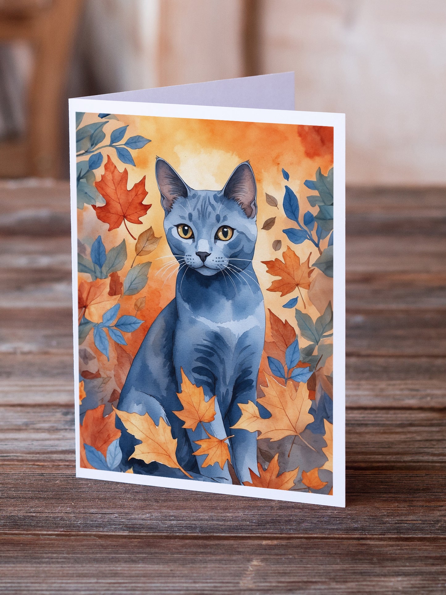 Russian Blue Cat in Fall Leaves Greeting Cards Pack of 8