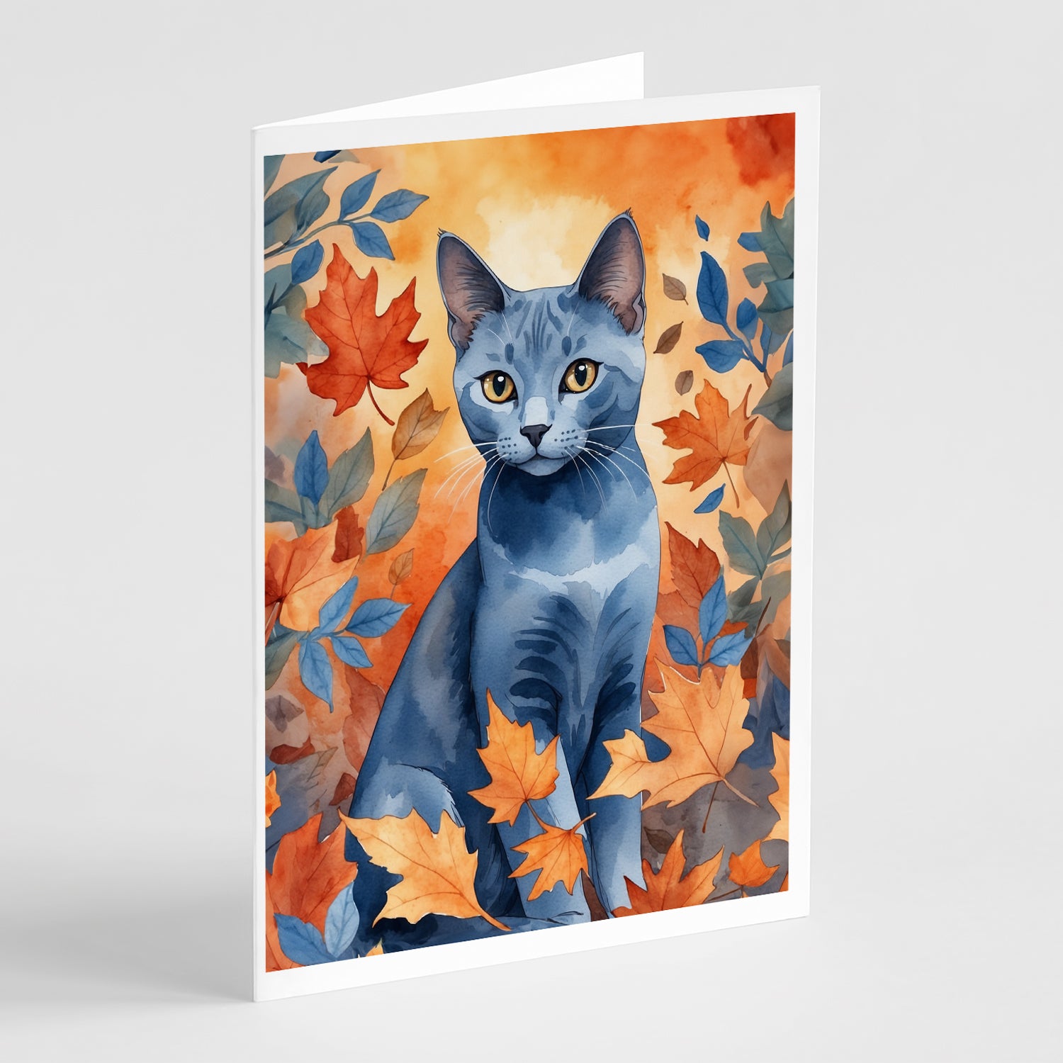 Buy this Russian Blue Cat in Fall Leaves Greeting Cards Pack of 8