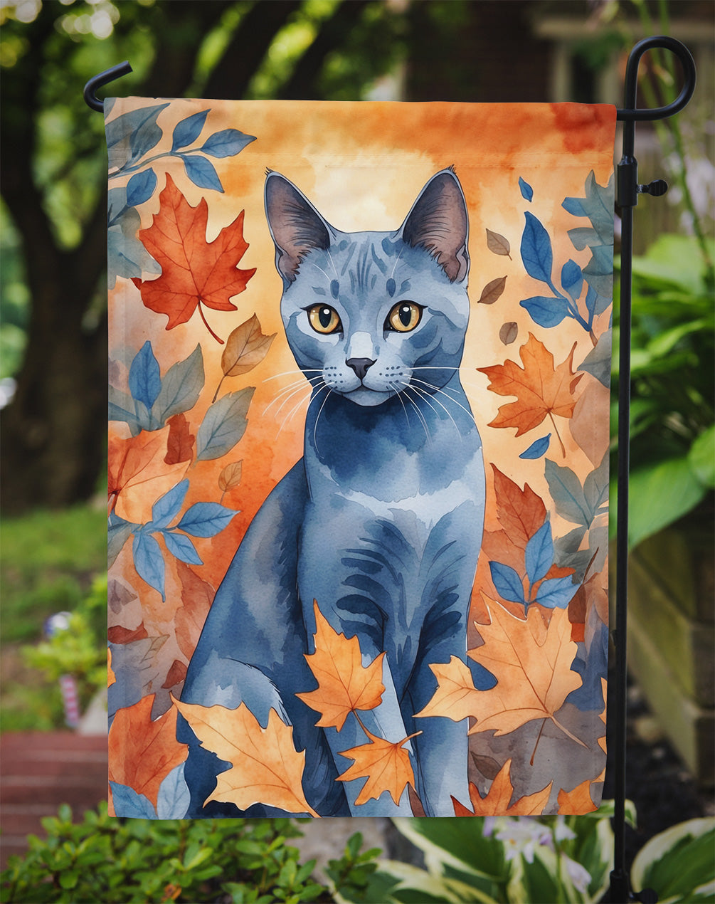 Russian Blue Cat in Fall Leaves Garden Flag